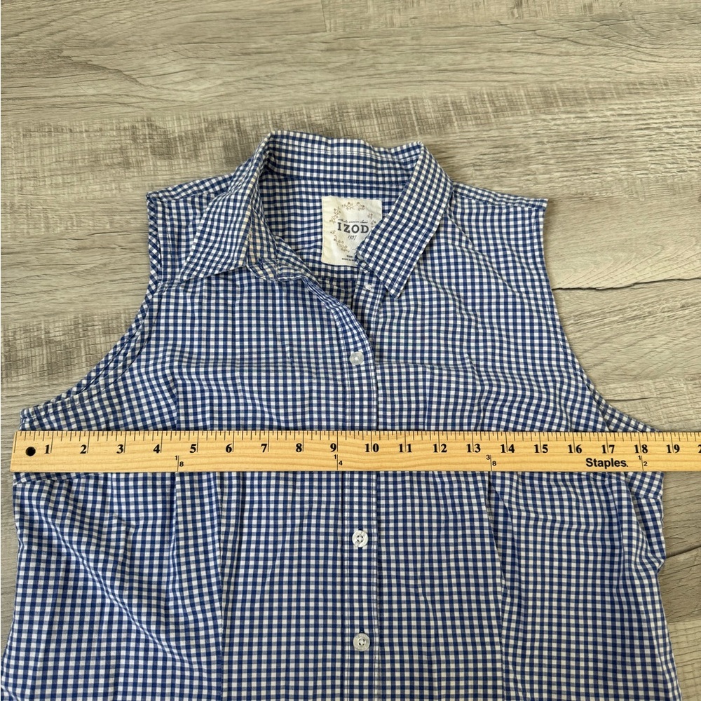 IZOD Women’s Blue White Gingham Sleeveless Button Down Shirt Size L‎ Farm Core - Picture 6 of 7